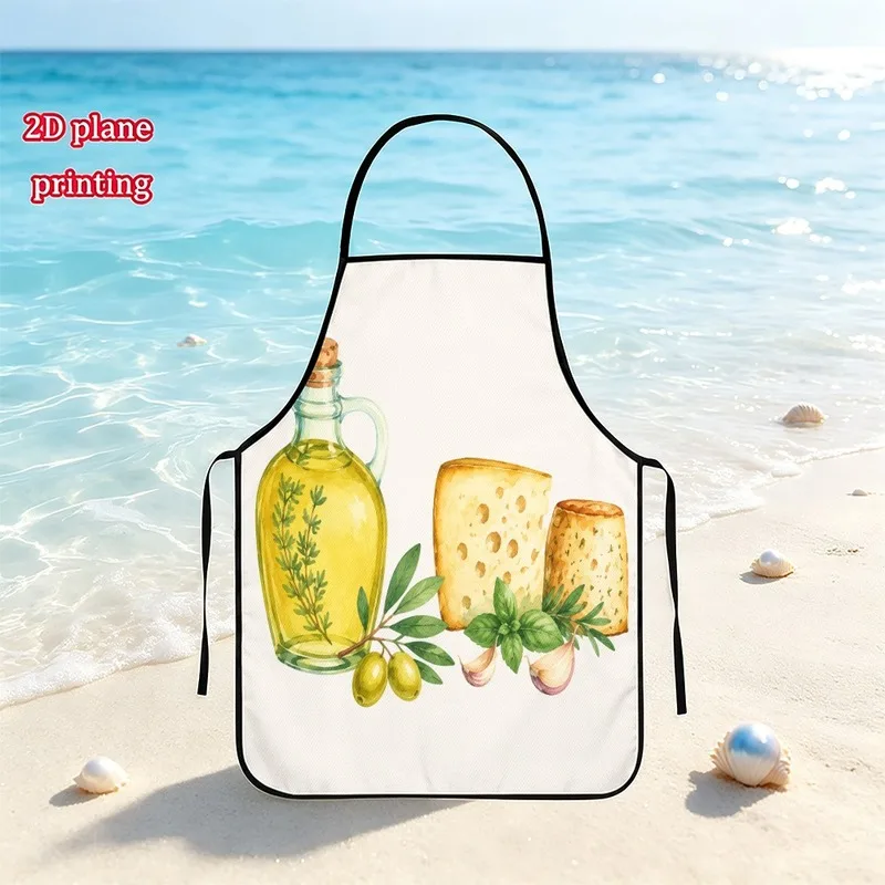1 unidad【Delantal】Efecto plano 2D, enfocado en la diversión, el bolso está estampado con aceitunas, botella de aceite de oliva, queso, patrón de vainilla en acuarela.
