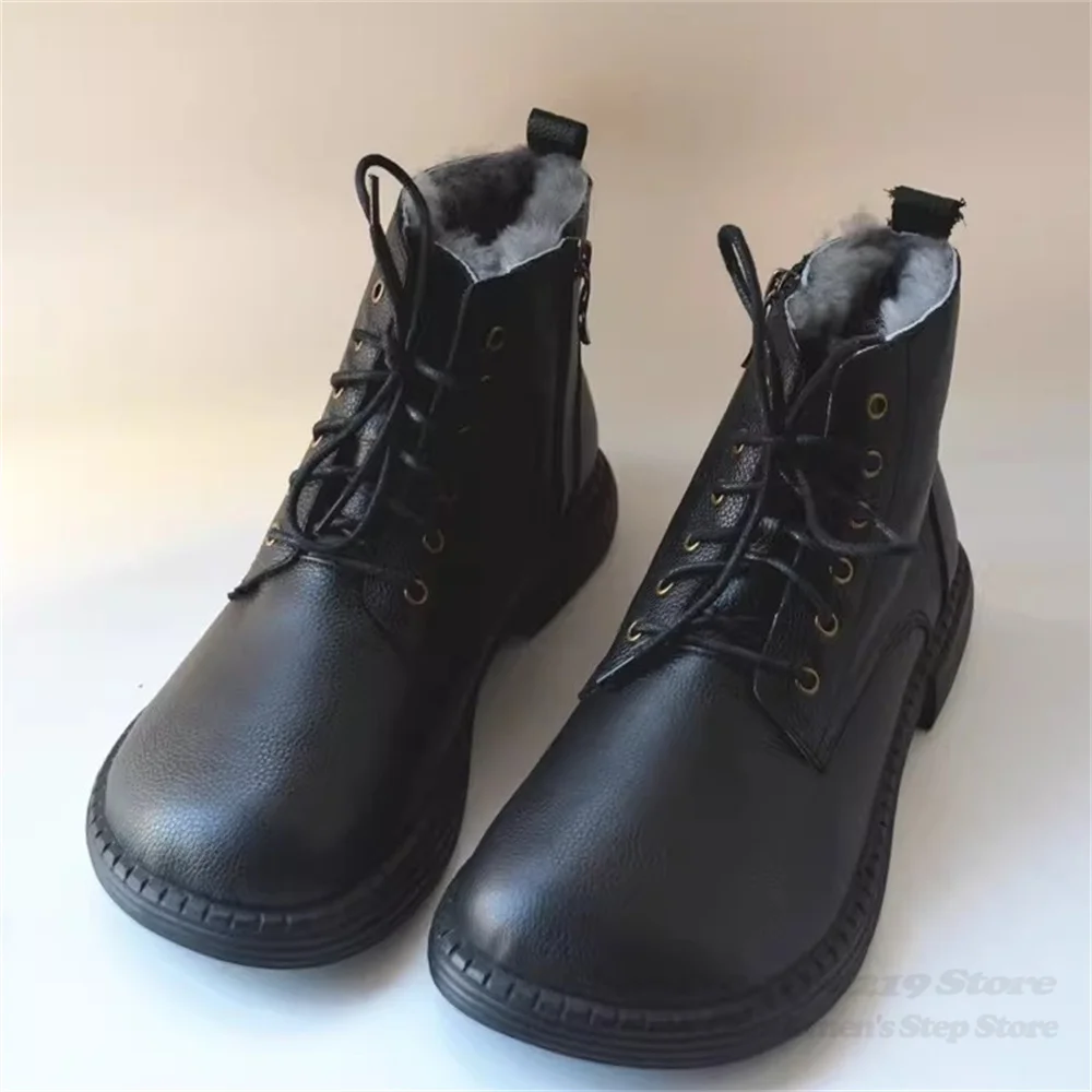Men's Genuine Leather Pure Wool Wide Round Toe Snow Boot British Style Solid Color Handmade Large Cotton Warm Leather Boot