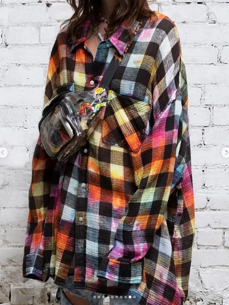 spring and summer rainbow plaid long-sleeved cotton Women shirts2023 fashion versatile loose casual Elegant women blouses