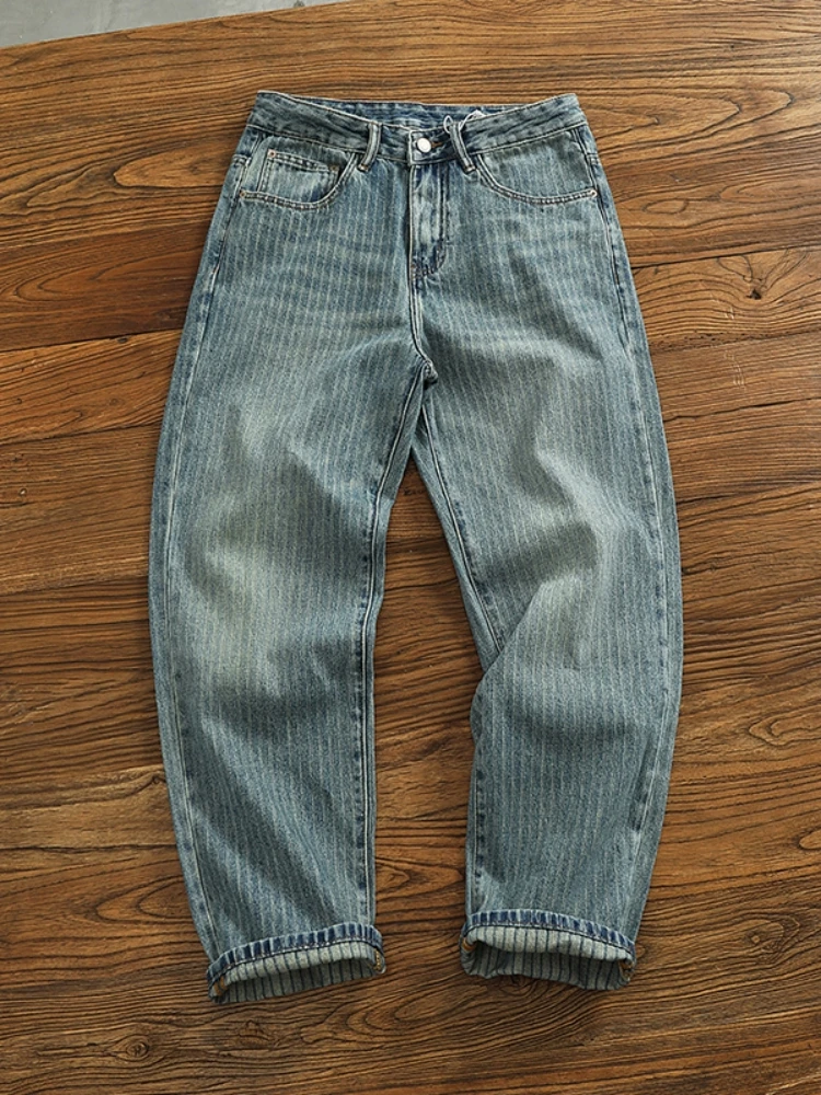 

Heavy Chunky Jeans Men Vintage Do Old Wash Dark Vertical Texture Loose Straight Leg Denim Pants Denim Jeans Men'S Retro Trousers