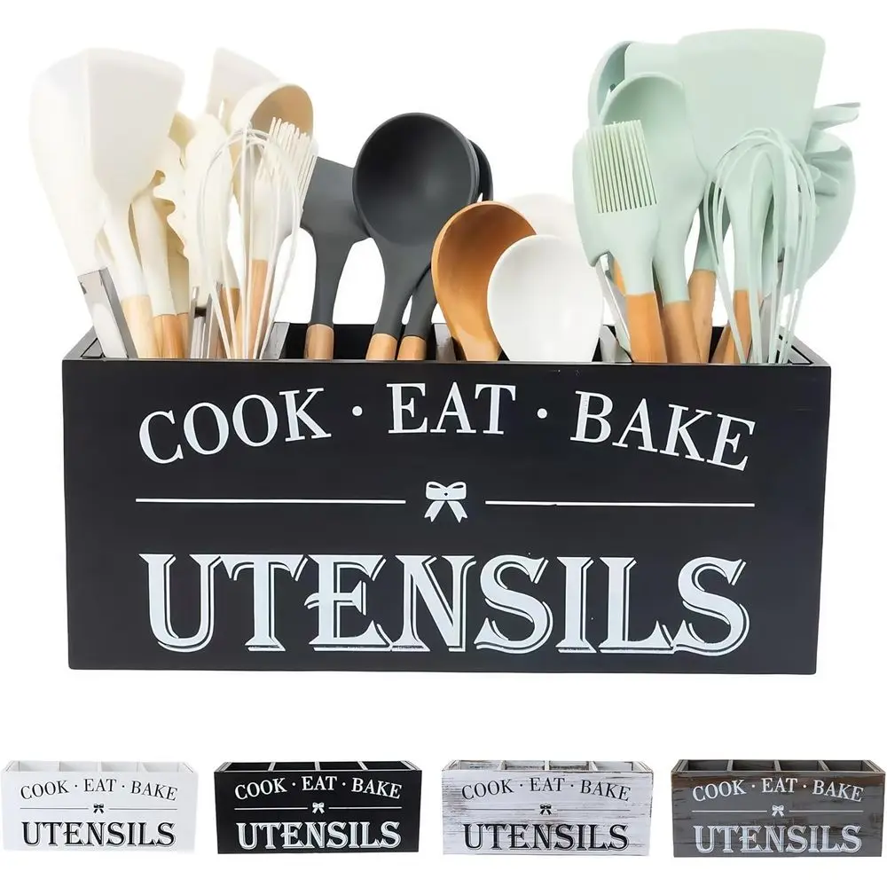 

Large Black Wooden Kitchen Utensil Holder with 4 Compartments for Spatulas, Spoons, and Cutlery Storage