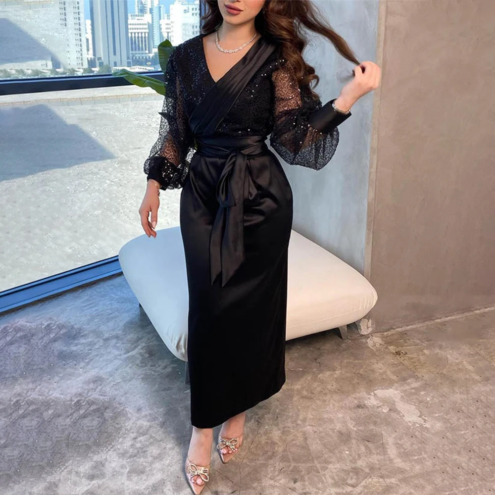

Midi Evening Dresses Column Sequined Long Puff Sleeves Oversized Evening Gowns for Women V Neck Ankle Length Black Cocktail Gown