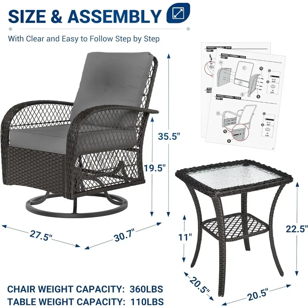 3 Pieces Patio Furniture Set, Outdoor Swivel Gliders Rocker, Glass Top Side Table Thickened Cushions for Porch Deck Backyard