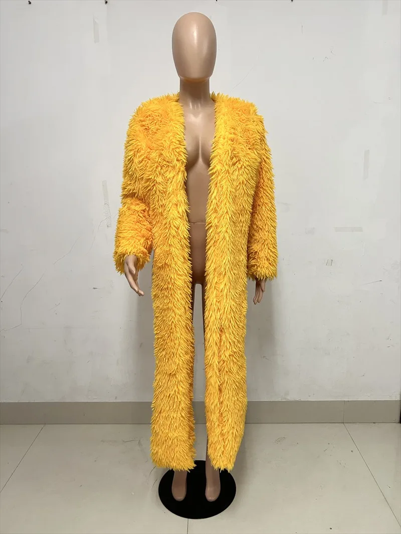 Abrigos irregulares de piel sintética para mujer, chaquetas cálidas y esponjosas de punto abierto de manga larga, ropa de calle, cárdigans, prendas de vestir exteriores, color amarillo, invierno 2024