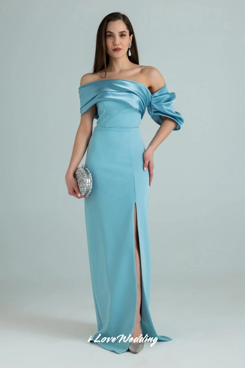 블루 오프숄더 이브닝 드레스 2025 새틴 스트랩리스 플리츠 백리스 머메이드 사이드 슬릿 웨딩 파티 드레스 맞춤 제작