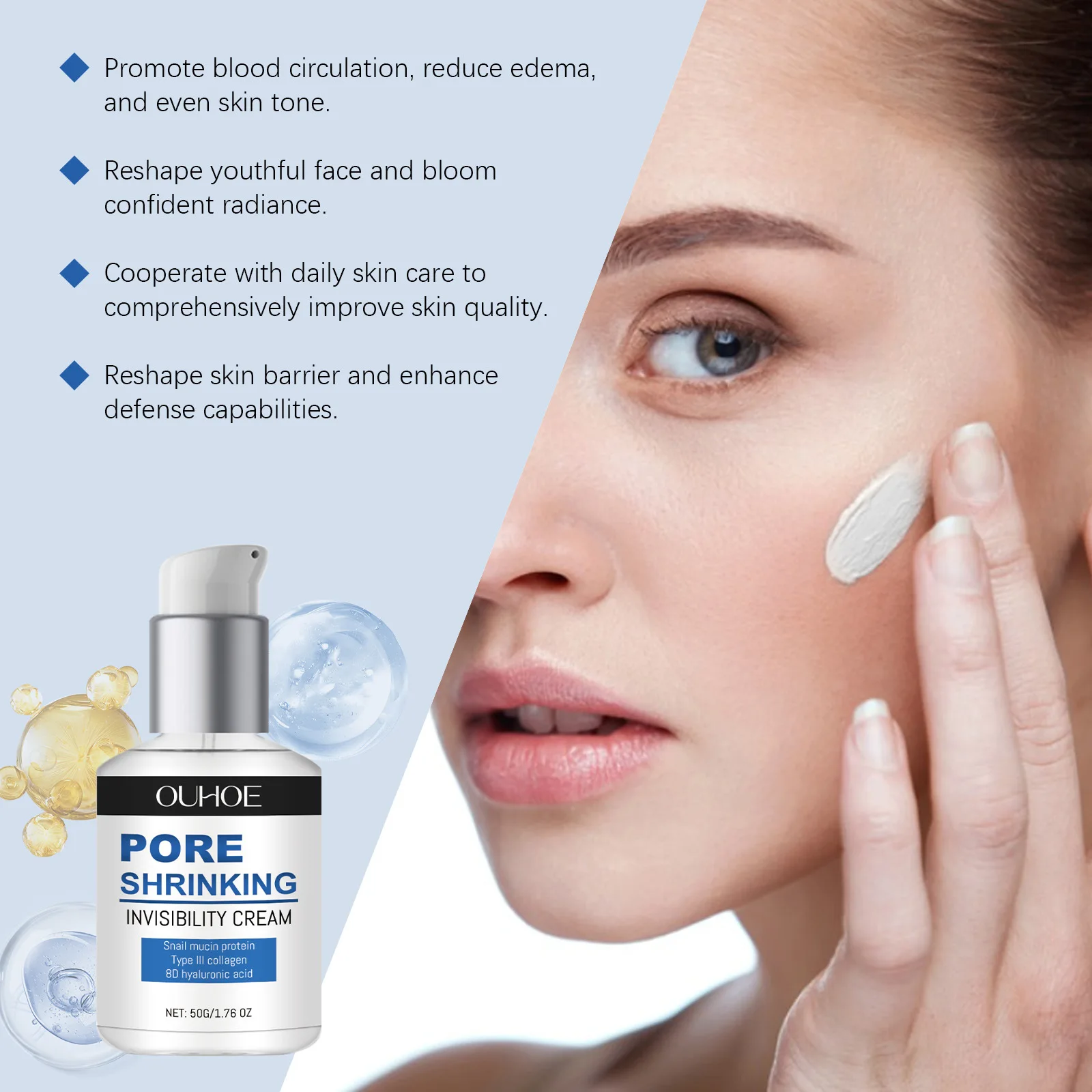 Crema facial reductora de poros, poros grandes, eliminación de espinillas, crema hidratante blanqueadora, antienvejecimiento, proteína de mucina de Caracol, crema de ácido hialurónico