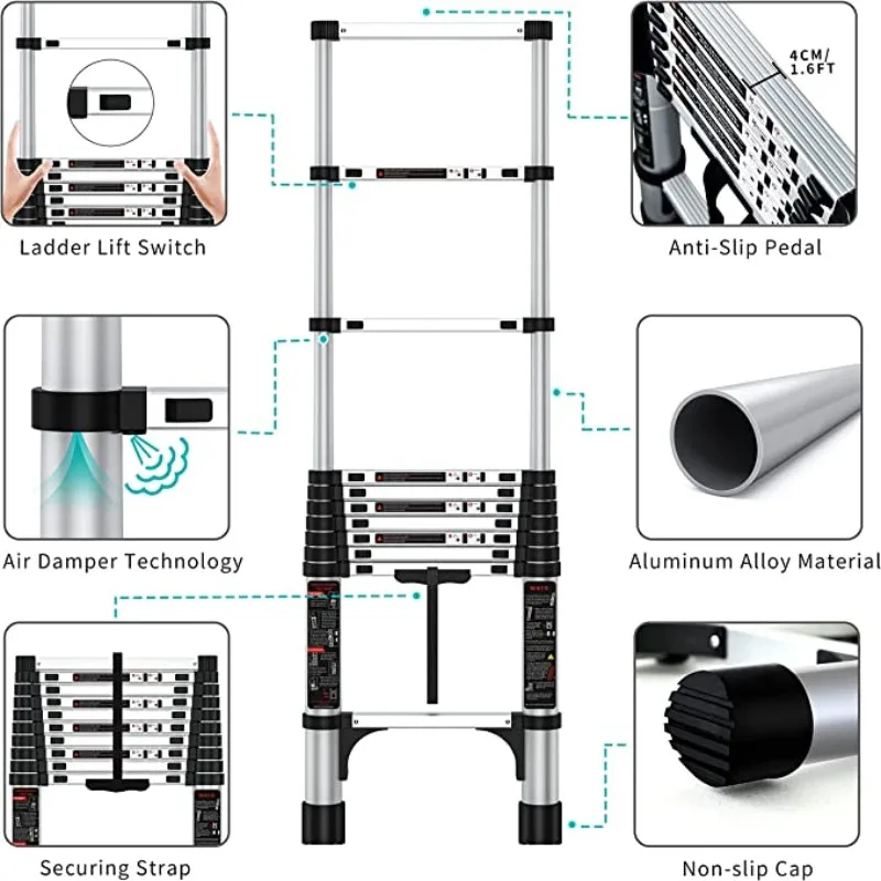 190cm Portable Folding Ladder One button telescopic German RV ladder EN131 certified, maximum load 300 lb