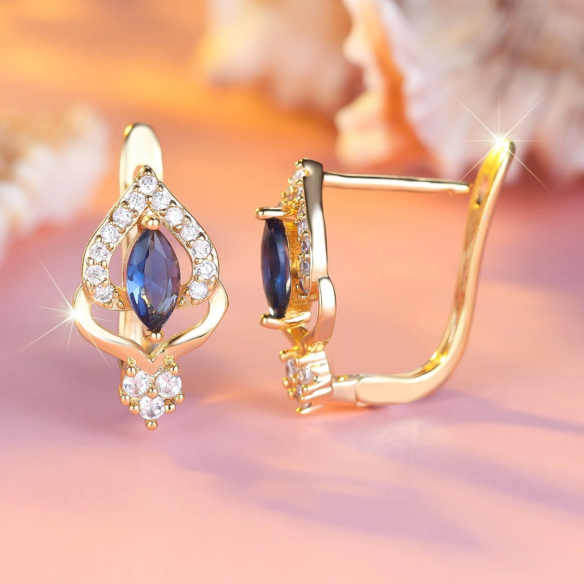 Cute Female White Blue Zircon Stone Hoop Earrings Vintage Fashion Gold Color Wedding Jewelry For Women