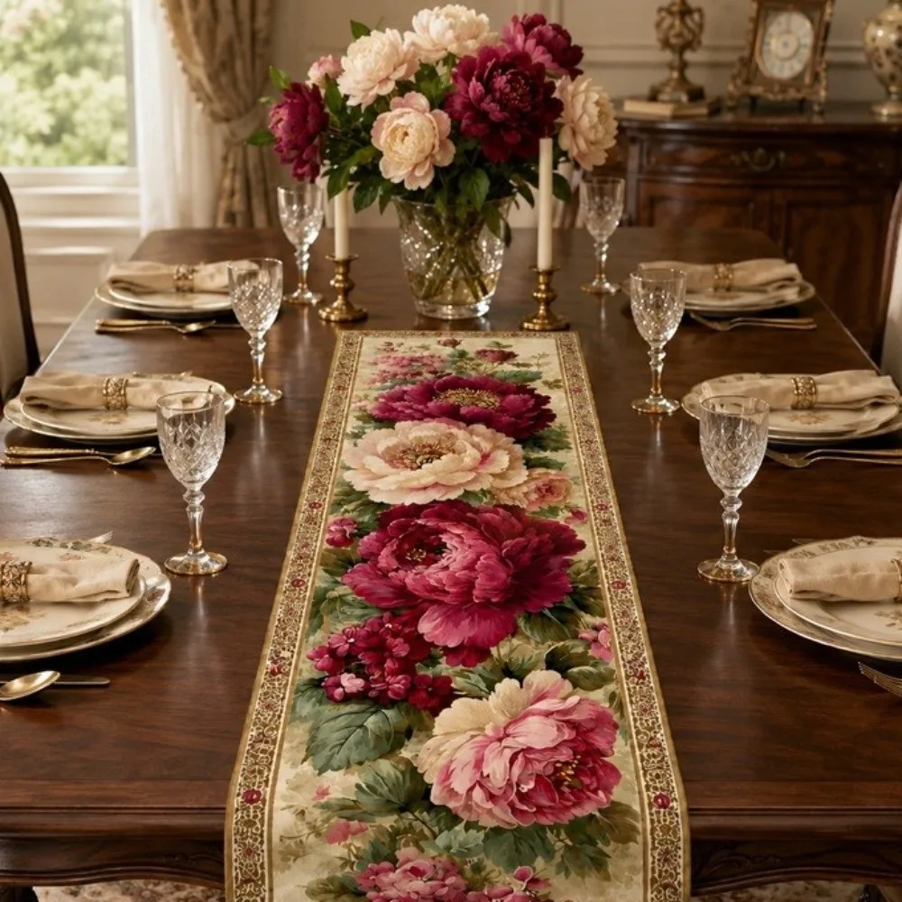 Vintage Flower Printed Table Flag Peony Floral Non-slip Dinning Table Runner Stain-resistant Rectangular Cabinet Cover Towel