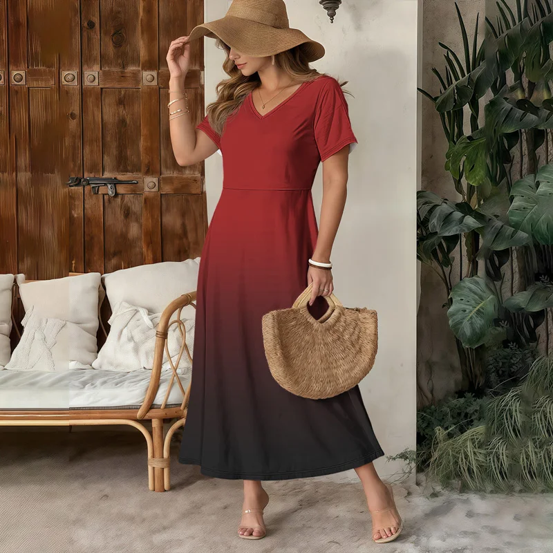 Hoge taille gradiënt zomer dames maxi-jurk V-hals korte mouw vakantie strandjurk dames business casual kleur jurk zomer