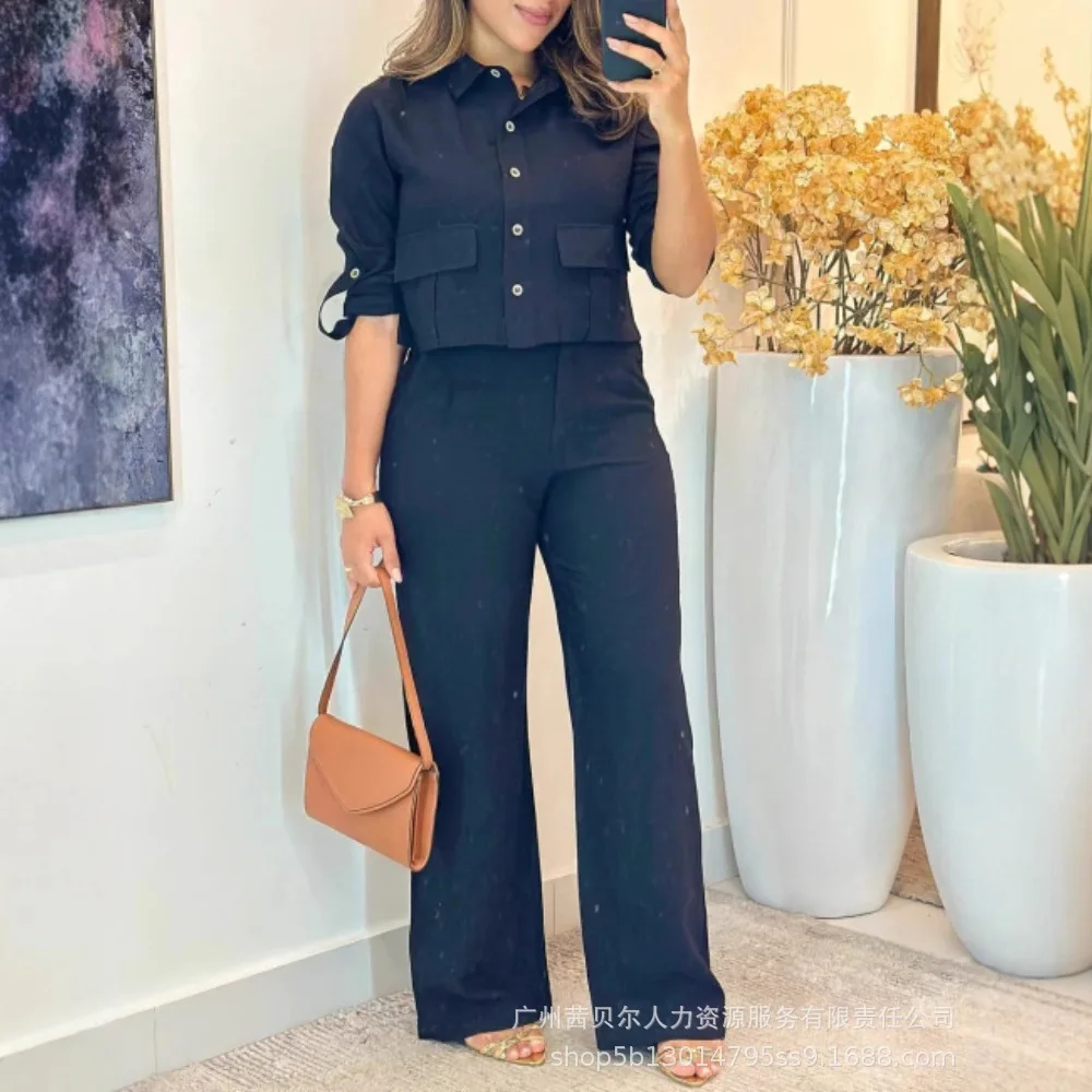 المرأة قطعتين مجموعة بانت مجموعات قميص واحدة الصدر تقسم طويل مجموعة بناطيل رجالي الصلبة كم كامل جيوب Y2k الشارع الشهير صيف 2025