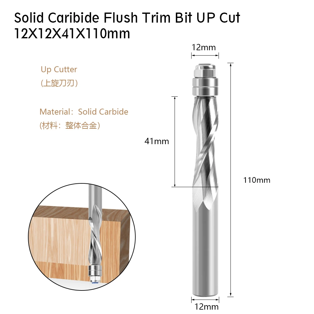 Imagem -02 - Lavie-cnc Router Bit Flush Trim Carboneto Sólido Rolamento Superior Espiral Up-cut End Bit Moinho Face Wood Milling Cutter 12 mm 1pc