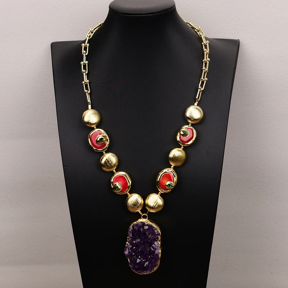 G-G 23'' Natural Red Coral Green Crystal Gold Plated Chain Brushed Beads Necklace Amethyst Rough Quartz Pendant