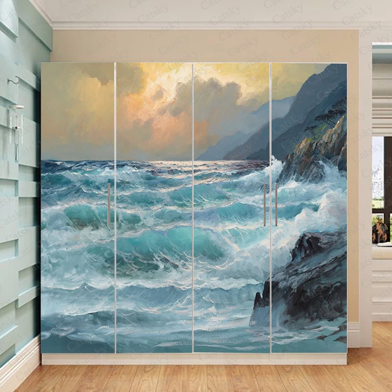 

Waves painting wallpaper wardrobe stickers bedroom window refrigerator stickers decorative stickers cabinet custom decals