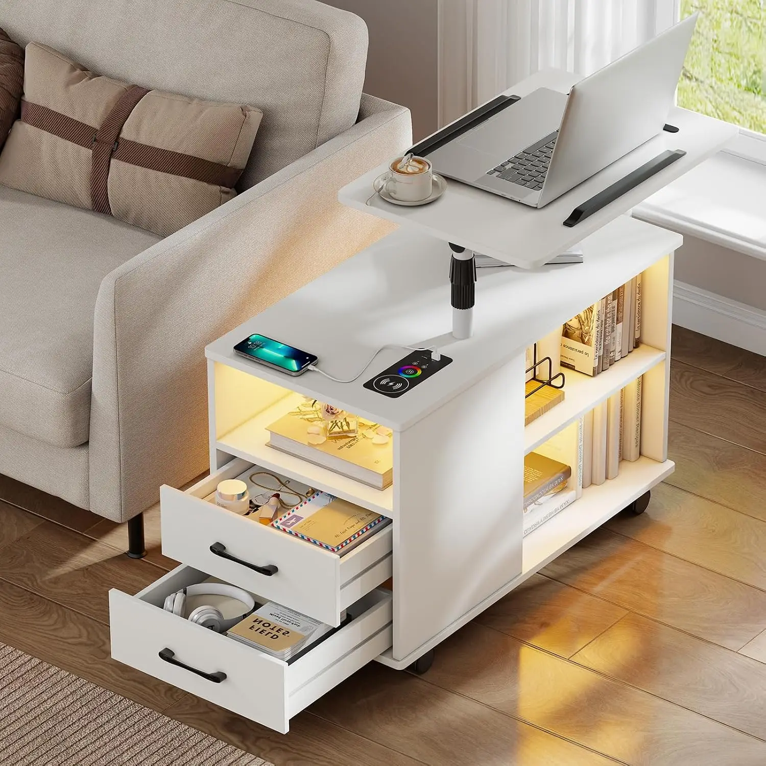 Nightstand With USB Charging Station Storage Drawer Rotatable Bracket Modern White Bedroom Furniture, Customized
