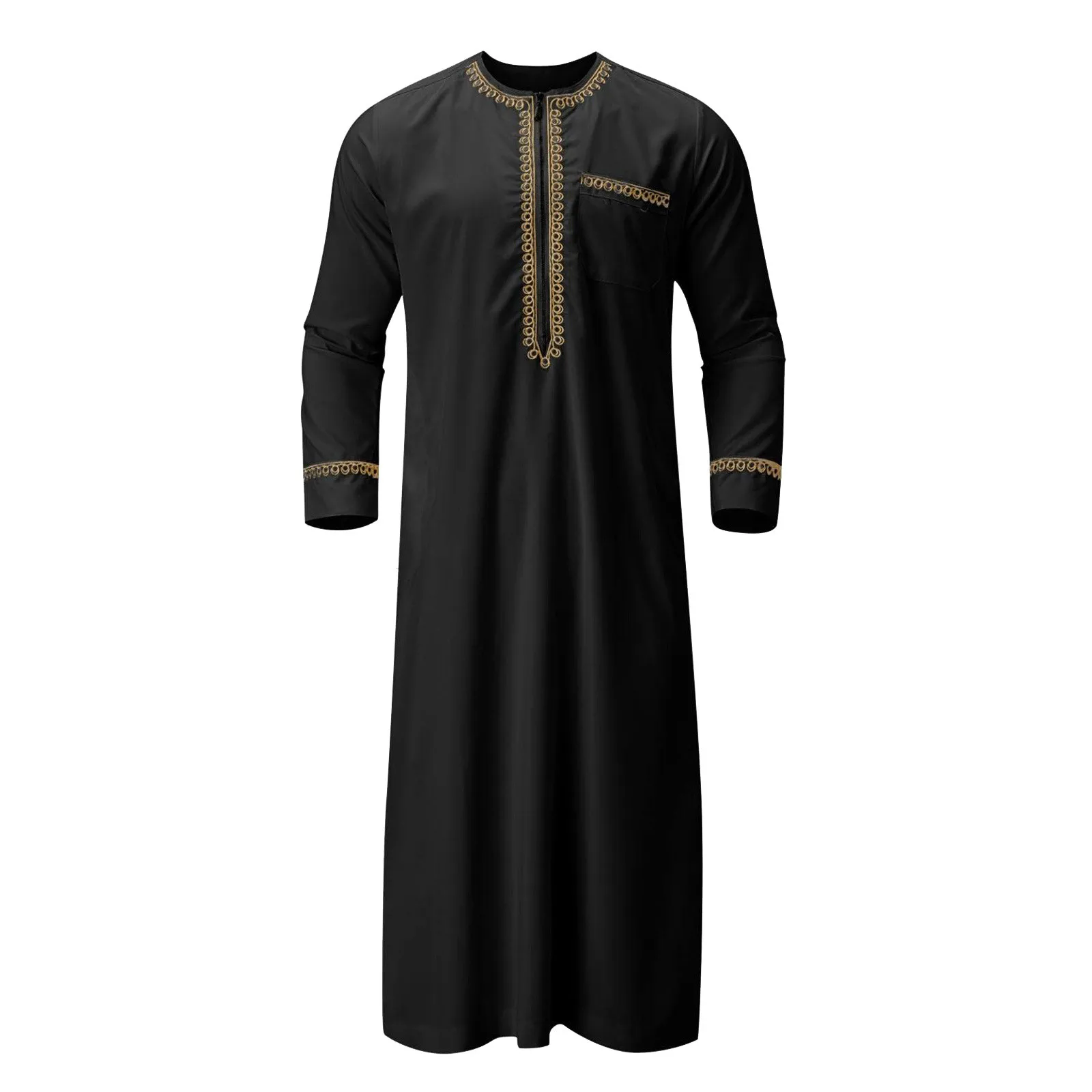 Bestickte Herren muslimisches Kleid muslimische Robe arabische mittlere Robe Langarm Tasche langes Hemd Dubai Saudi-Arabien Musulmane Kaftan