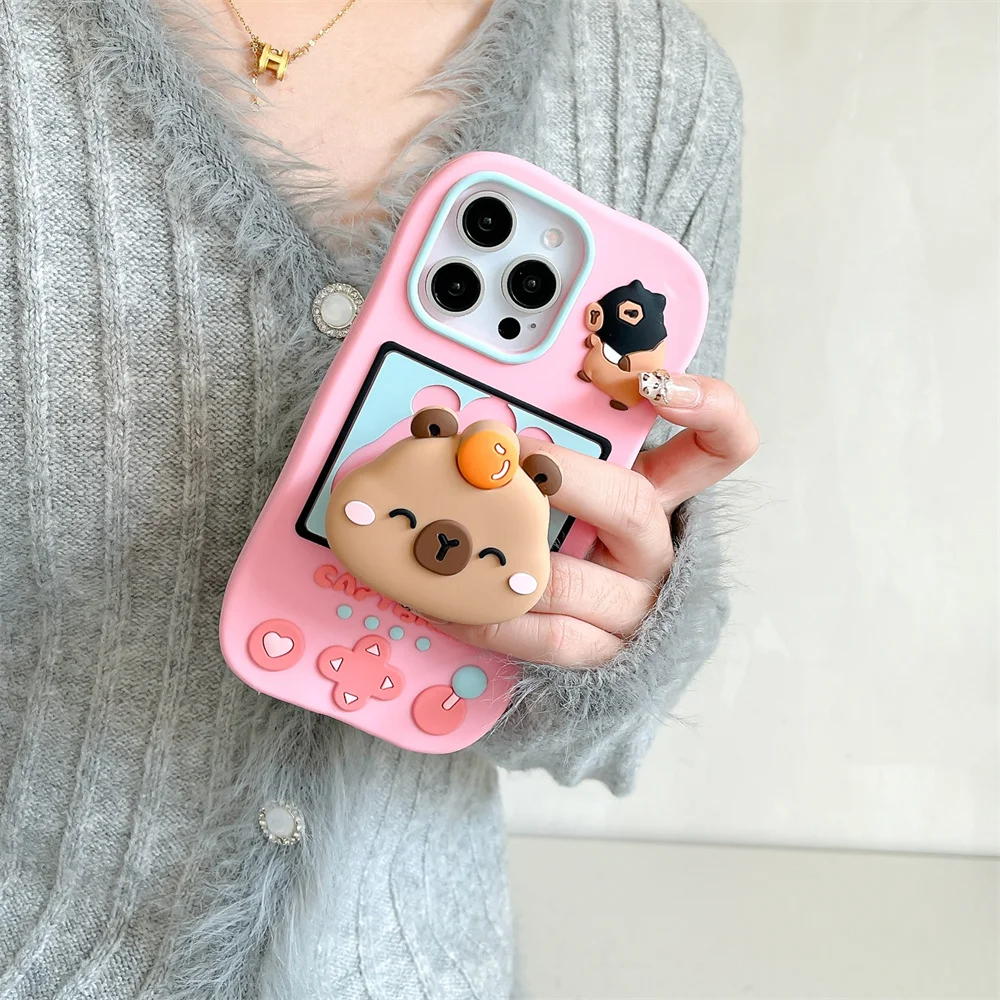 Cartoon 3D Capybara Holder Phone Case Y2K Anti Fall Soft Silicone Case For iPhone 16 Pro Max 15 14 Plus 13 12 Pro Max 11