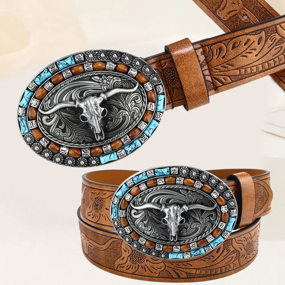 

PU Leather Mens Western Cowboy Belt Fashion Bull Pattern Vintage Waistband Wide Buckle Belt Mens