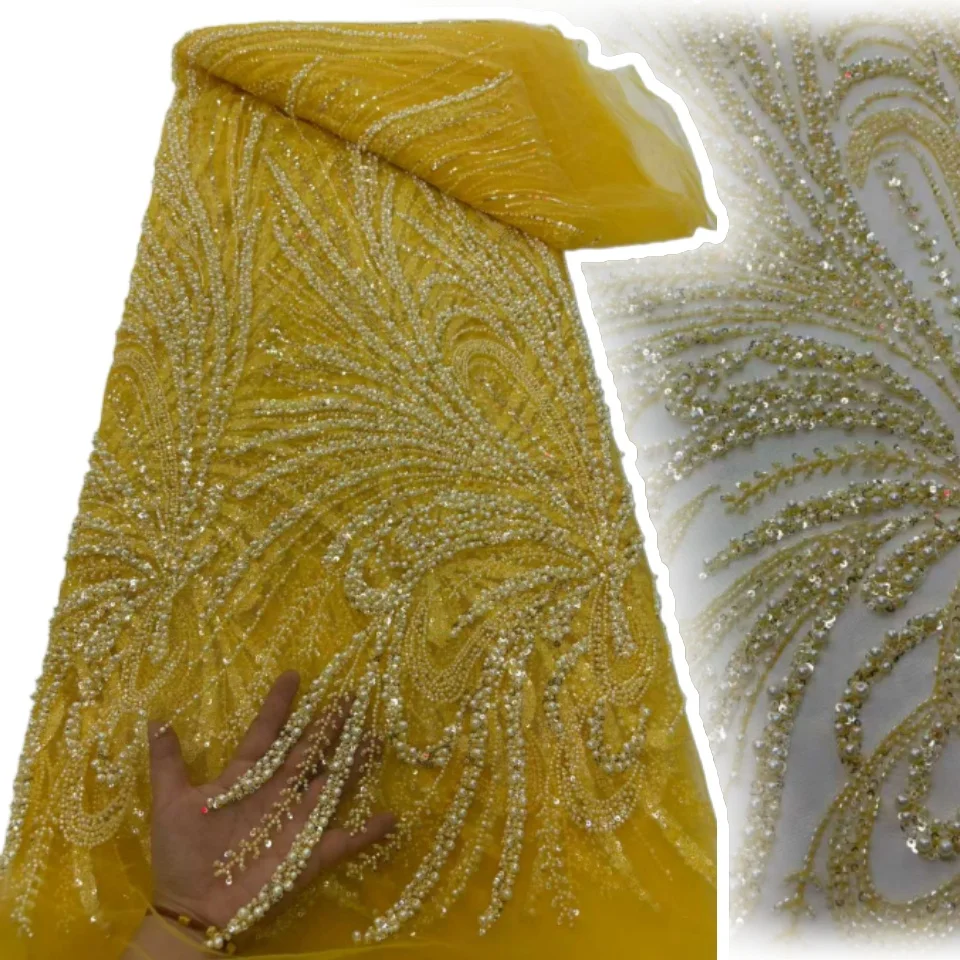Tela de encaje con cuentas pesadas africanas, Material nupcial 2025, encaje de tul de lentejuelas francesas de alta calidad para vestido de fiesta de boda S1692