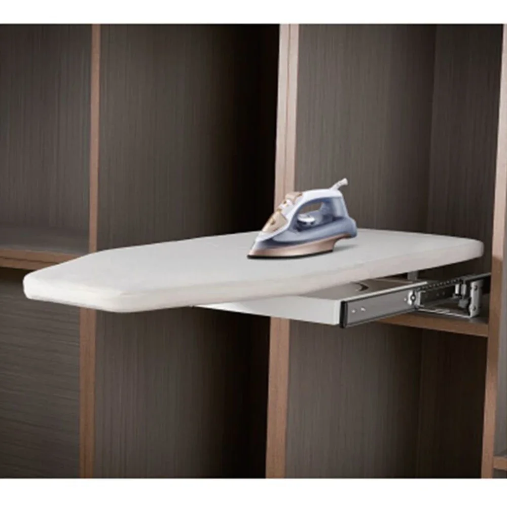 

Retractable, foldable, and rotatable ironing board with pull-out storage inside the cabinet