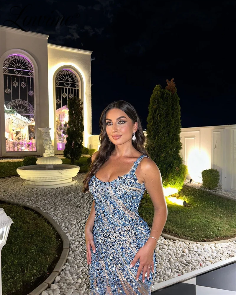 Blue Beaded Sequined Wedding Party Dress 2024 Aso Ebi Mermaid Prom Second Reception Birthday Engagement Gowns Evening Dress Robe