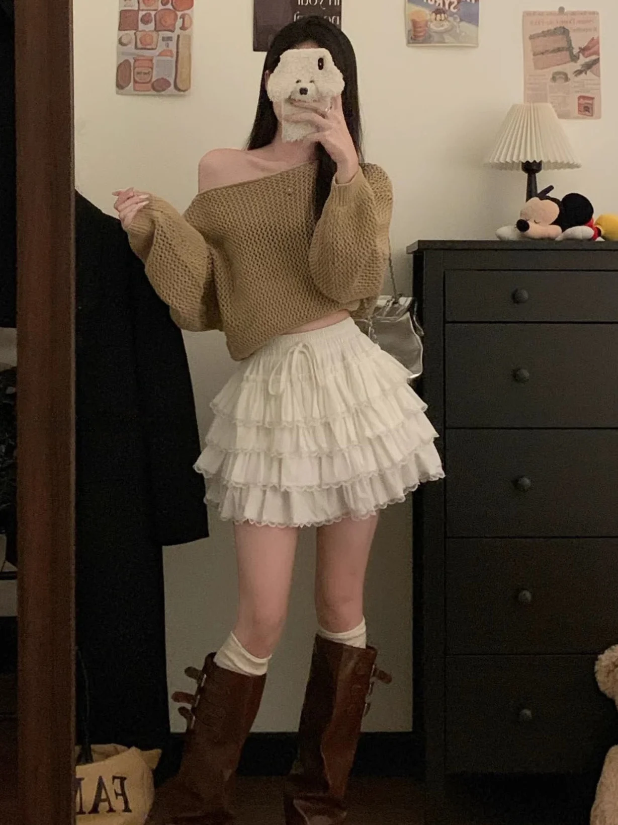 한국 스타일 달콤한 레이스 스플라이스 벨트 여성 미니 스커트 케이크 스커트 슬림 다용도 가을 2025 신상품