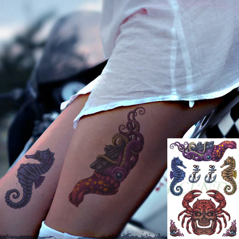 Waterproof Temporary Tattoo Sticker Octopus Boat Seahorse Skull Crab Anchor Shell Flash Tatoo Fake Tatto Art for Men Women