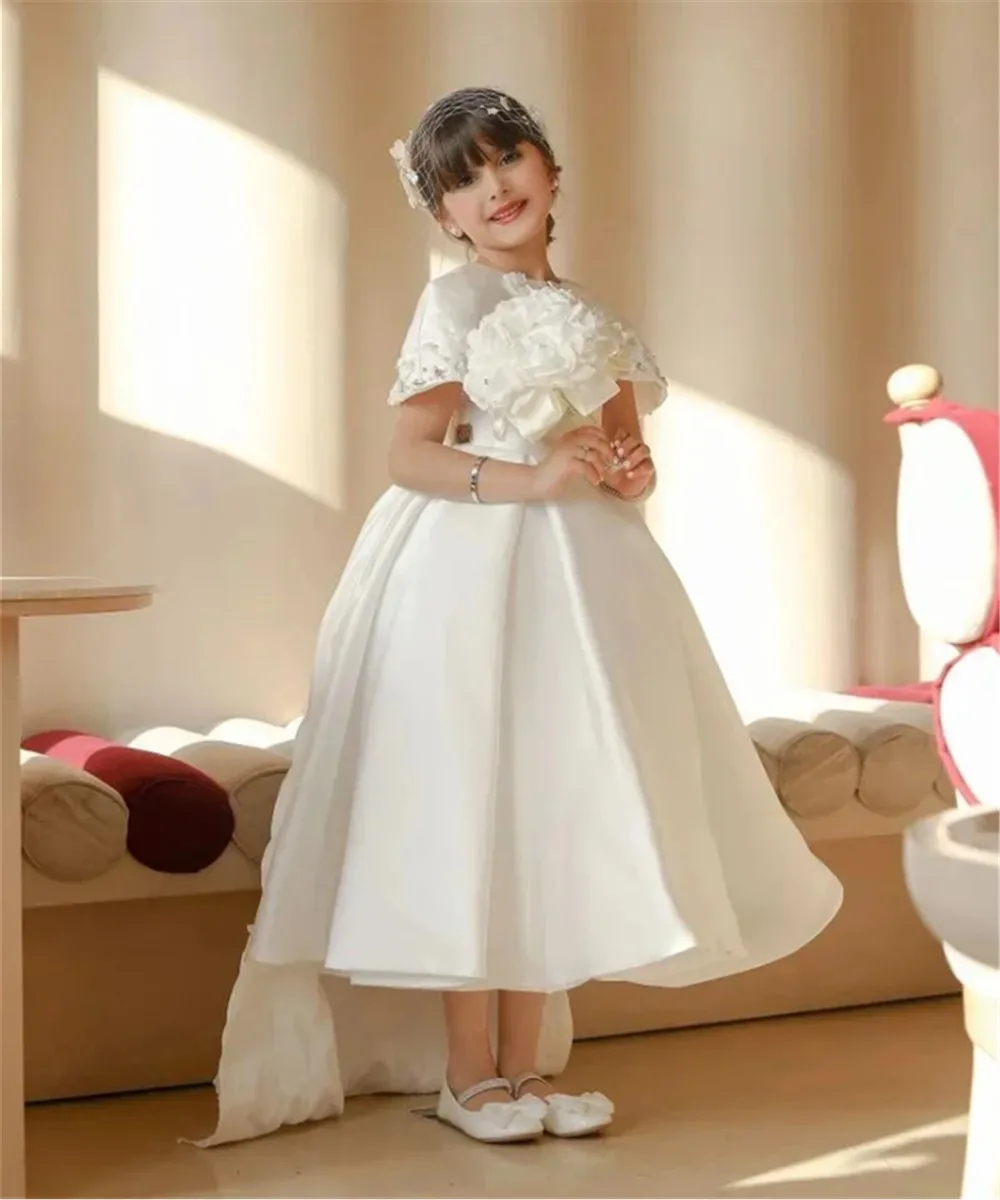 ชุดเดรสเด็กหญิงงานแต่งงานผ้าซาตินสั่งทำพิเศษ ประดับด้วยลูกไม้ ผ้าคลุมไหล่ สง่างาม สไตล์เจ้าหญิง สำหรับพิธีศีลมหาสนิทครั้งแรก งานฉลองวันเกิดครบ 15 ปี และงานพิธีการต่างๆ