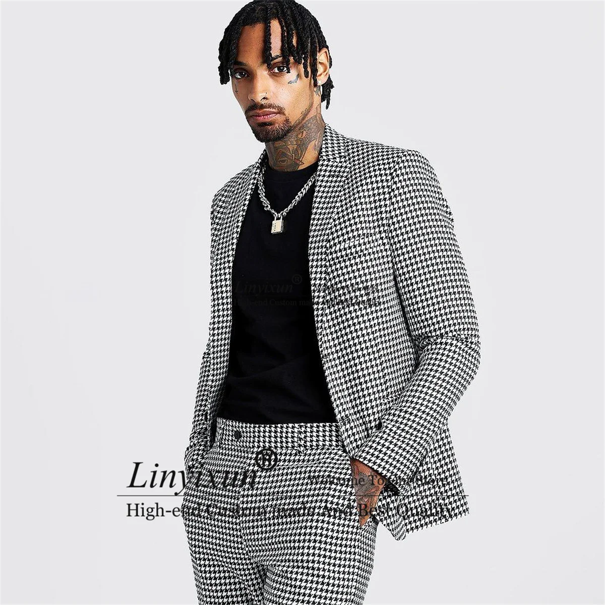 

Houndstooth Wedding Suits For Men 2 Pieces Set Bridegroom Prom Blazers Peaked Lapel Groom Tuxedos Slim Terno Masculinos Completo