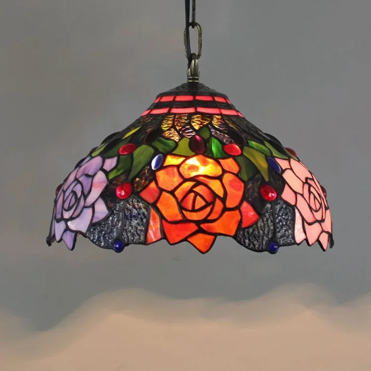 Glazed lamp stained glass retro bar restaurant art chandelier 0CM black background rose flower