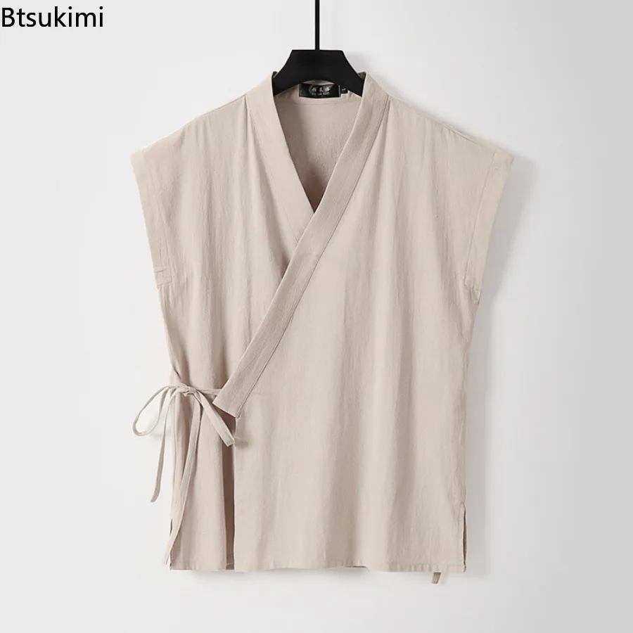 Chinese Traditional Clothes Men's Cotton Linen Tank Tops Sleeveless Tang Suit Tops Kimono Cardigan Solid Vintage Hanfu Vest Male