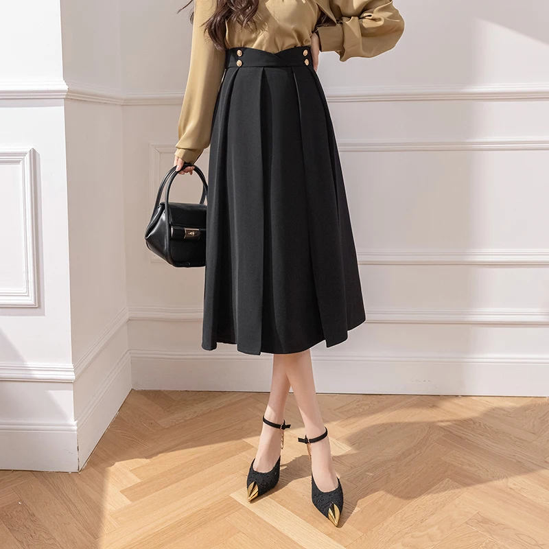 

Ladies Elegant Fashion Large Hem Pleated Long Black Skirt Women Clothes Girls Korean Skirts Chic Casual Faldas Largas Py9115