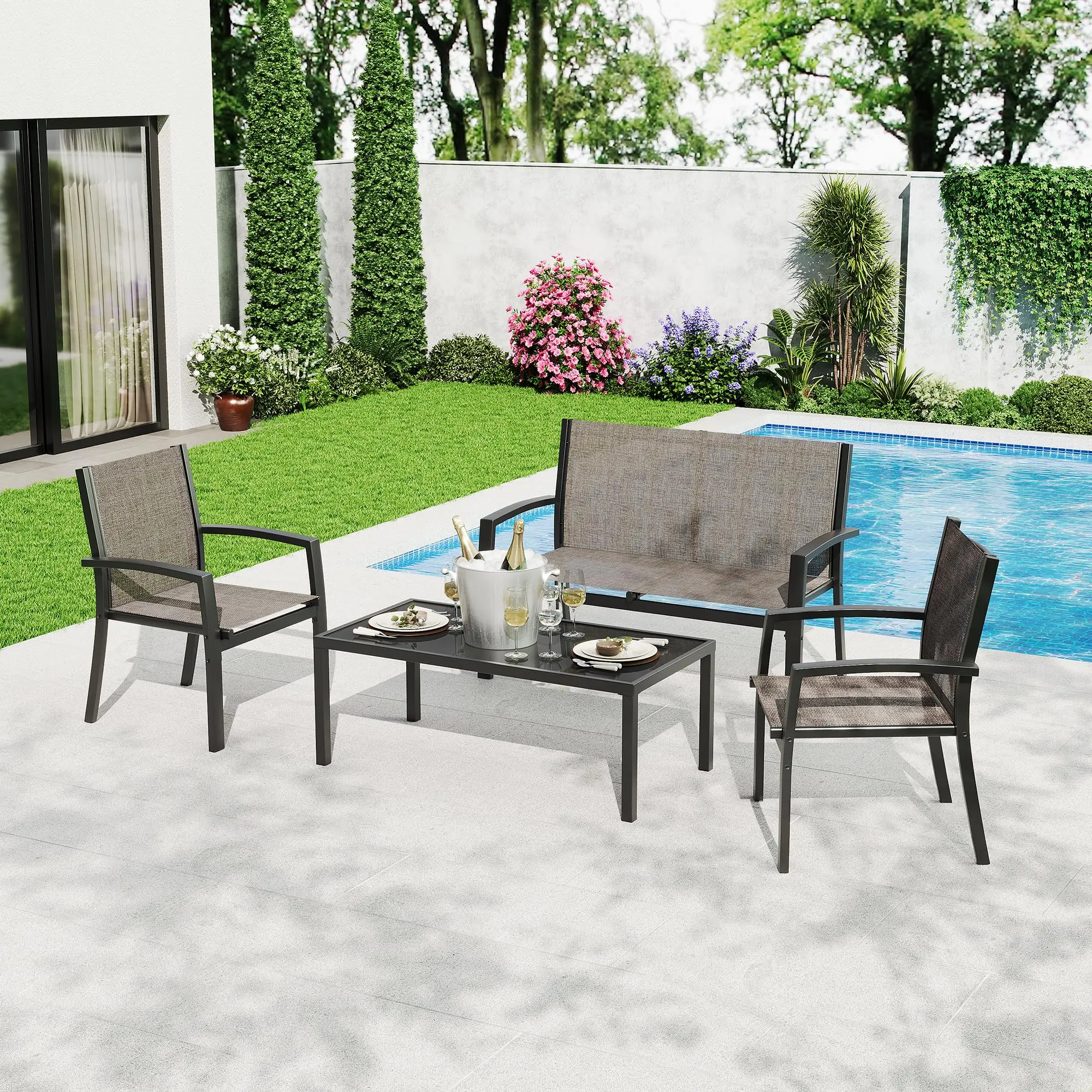 Modern 4 Piece Metal Patio Furniture Set Breathable Mesh Outdoor Loveseat & Chairs With Table For Deck Apartment Porch Backyard