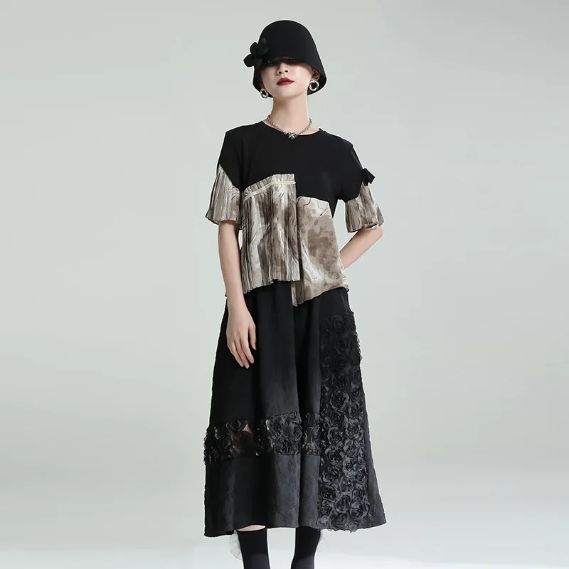 Zhongchuang Rizhen 2024 summer three-dimensional texture pattern stitching high waist A-line skirt lace show thin black skirt