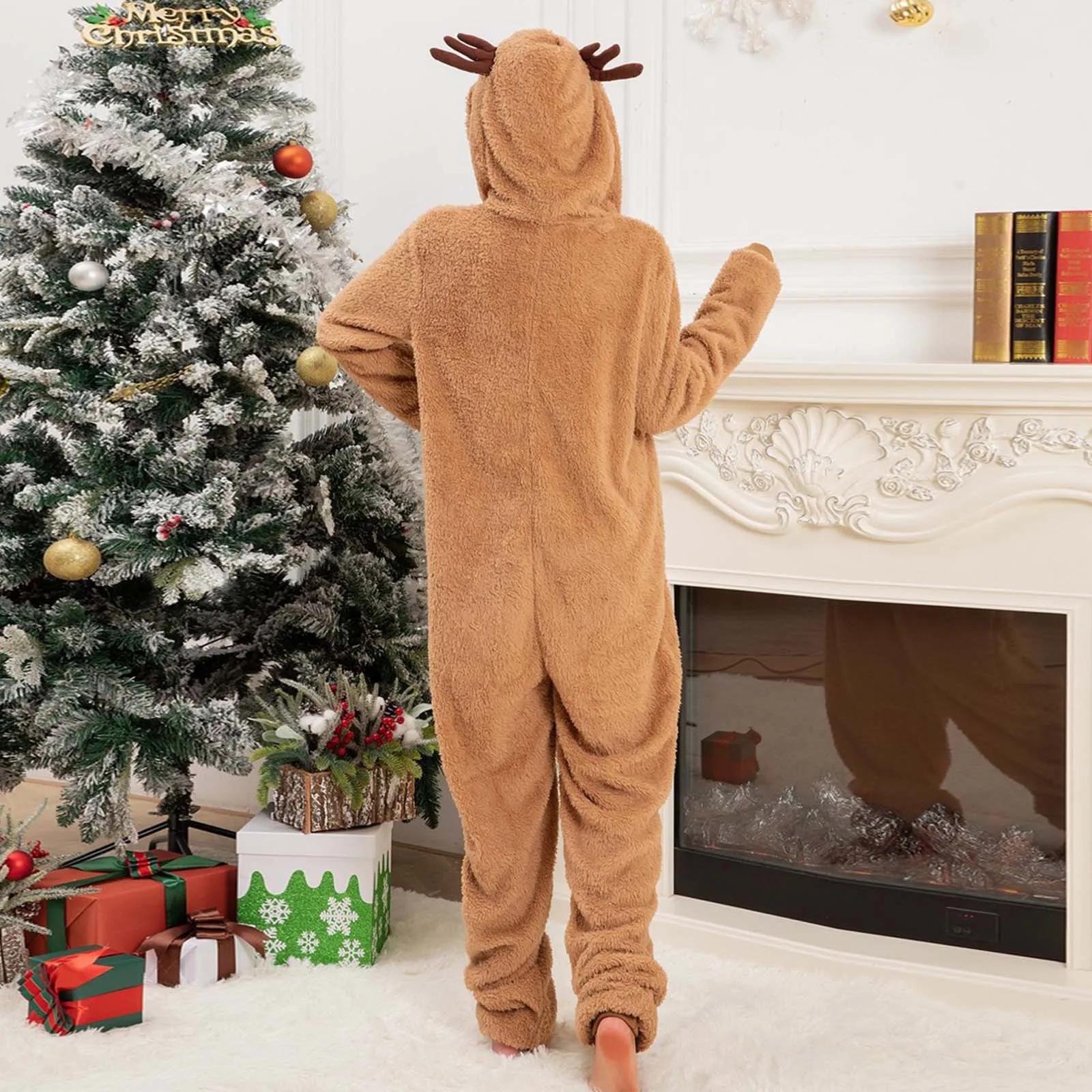 ﻿  Christmas Reindeer Cute Cosplay Costumes Adult Men's and Women's Holiday Couple Jumpsuit Party Animal Xmas Fancy Outfits