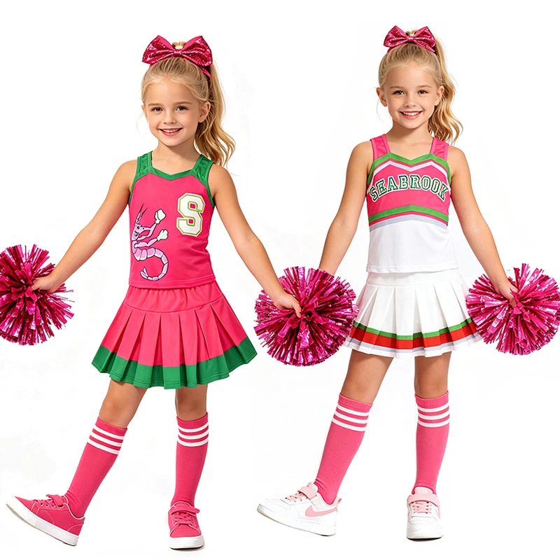 Zombies Girls Cheerleading Outfit Kids Cheer Uniform Top Pleated Skirt Halloween Cosplay School Cheerleader Children's Costume