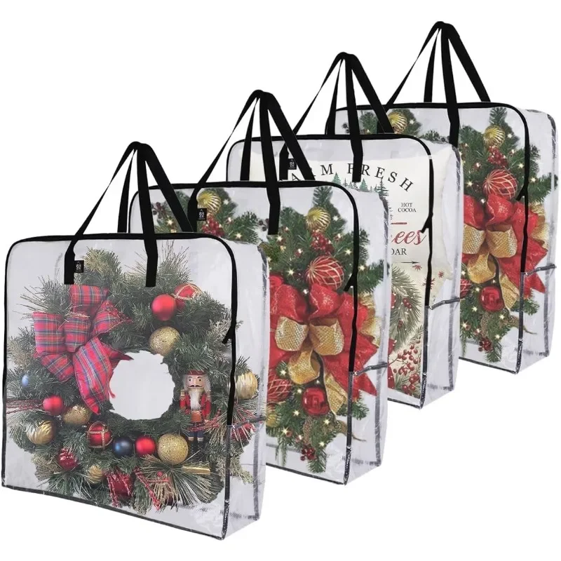 4 Pack Wreath Storage Bag and Christmas Decoration Garland Container, 30 Inch Clear Wreath Bag