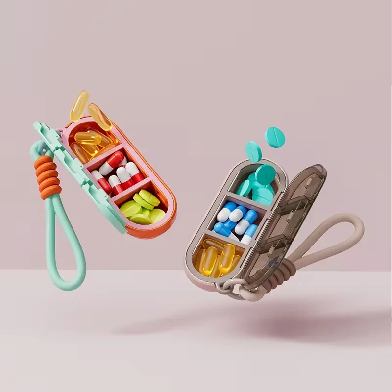 Dopamine Color Portable Woven Strap Medicine Case with Three Slots - Silicone Ring for Water Resistance