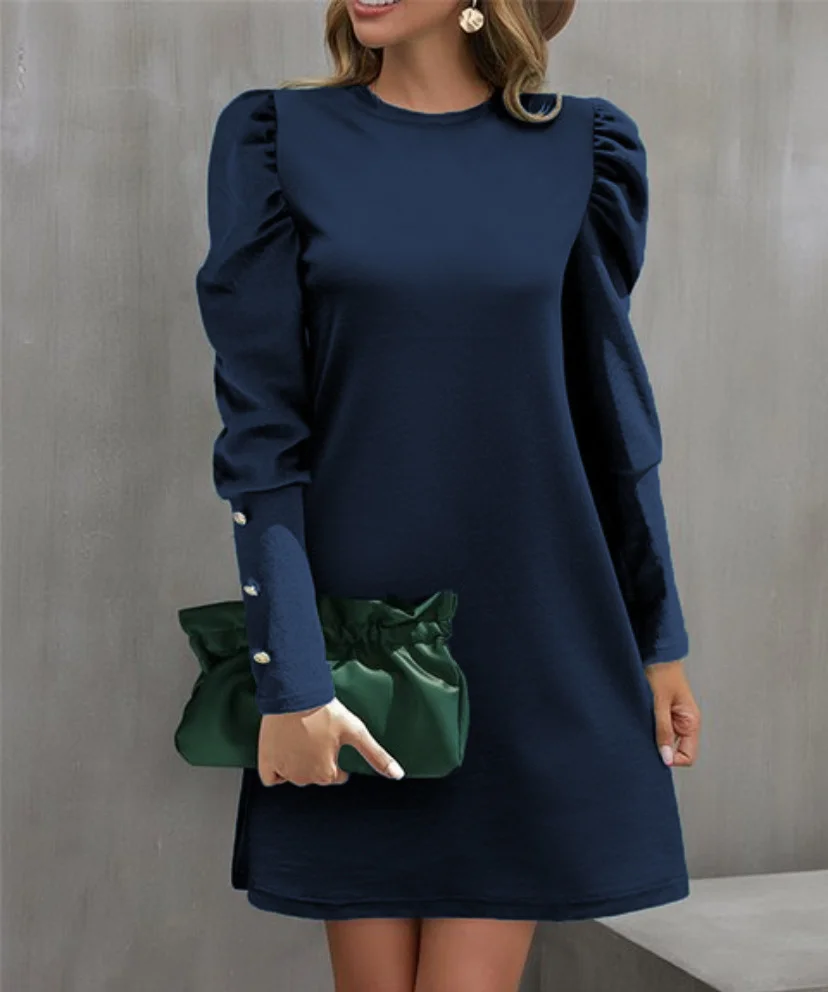 2024 European and American Cross-Border Women\'s Clothing Amazon Autumn and Winter New Pure Color Round Neck Puff Sleeve Button L