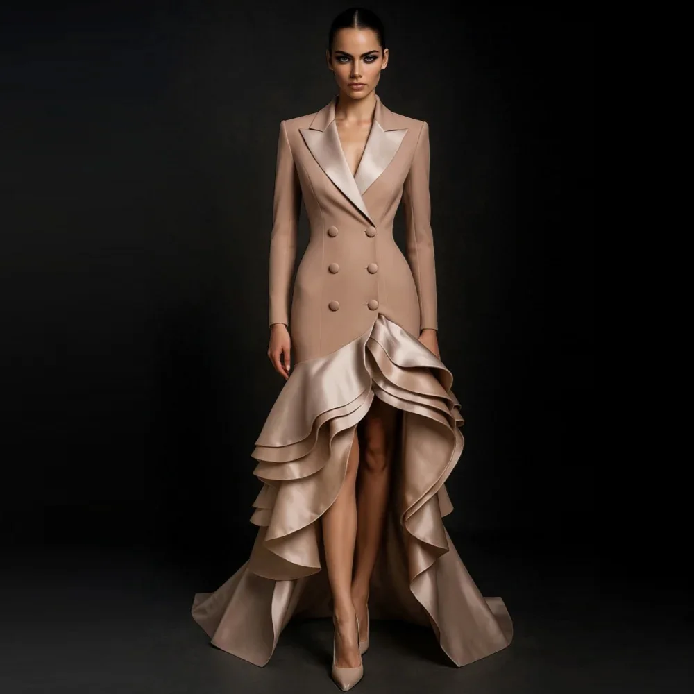 Evening gown for socialites, long dress, suit collar, mid length dress, elegant lady, lotus leaf hem, slim fit long dress