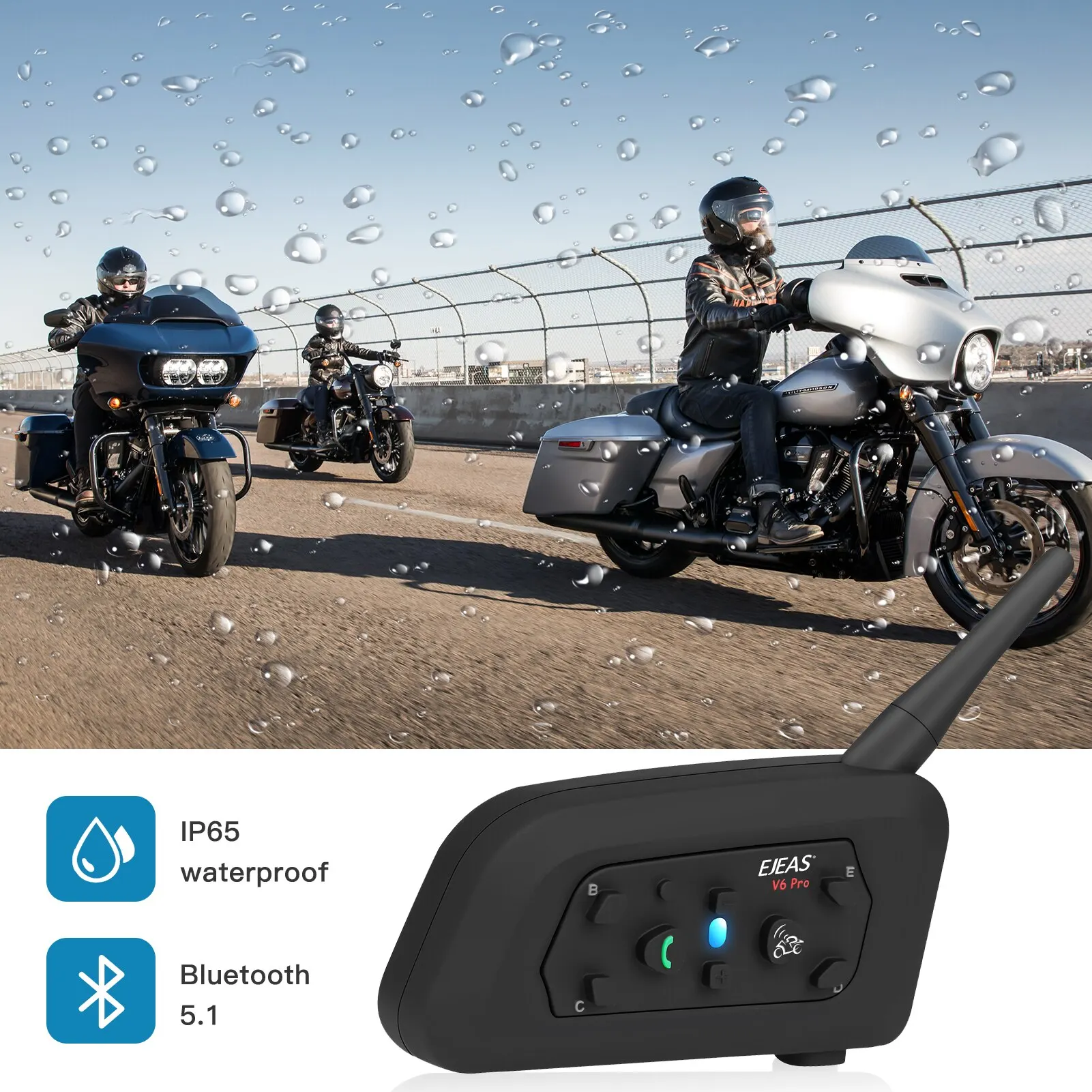 Ejeas V6 PRO Bluetooth Motorcycle Intercom Helmet Headset 6 Riders Communicator Interphone Intermunicador Gift