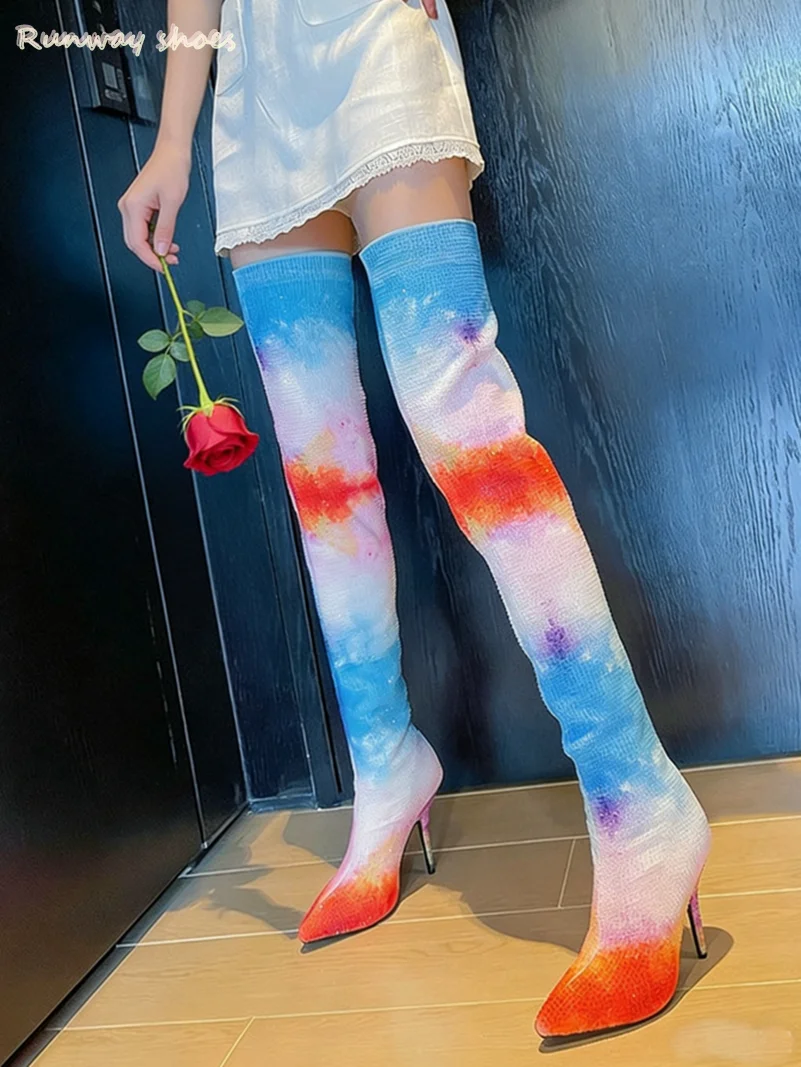 Women's Style Gradient Color Dyeing Over-The-Knee Boots Pointed Stilettos Luxury Women's Shoes Bestselling Model Banquet Shoes