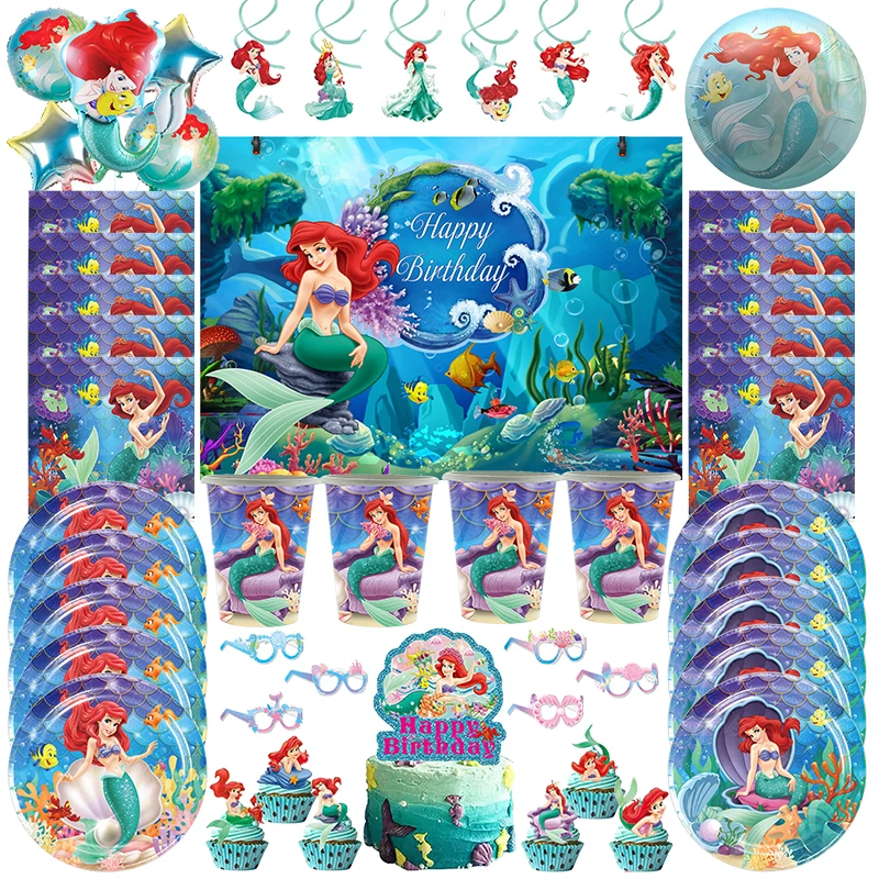 Disney The Little Mermaid Birthday Decoration Party Disposable Tableware Set Ariel Balloon Banner Backdrop Girls Event Supplies