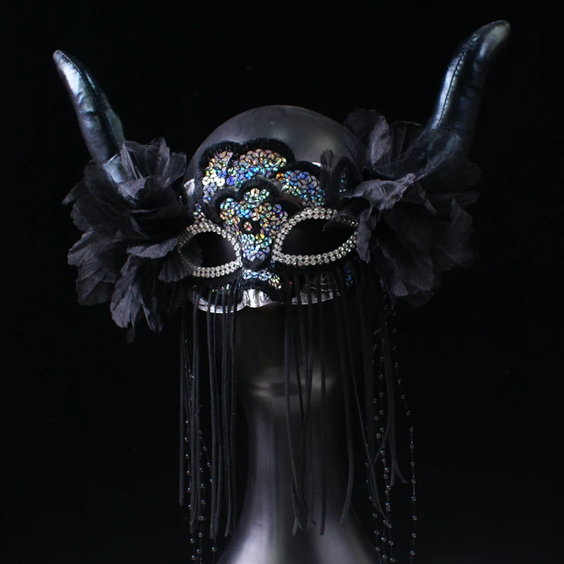 

Headdress mask adult black exaggerated horn fringed rhinestone stitching fashion suitable for Halloween masquerade props stage