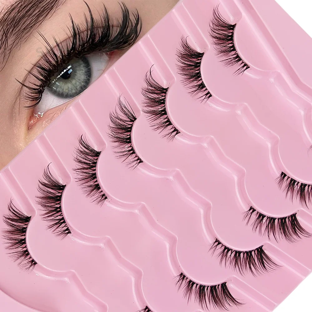 7 Pairs Half Lashes With Clear Band Cat Eye Tail Elongated Eyelashes Natural Look Wispy Faux Mink Lashes Fluffy Soft False Eyela