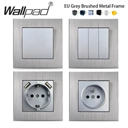 EU Metal Grey Silver USB Type C Outlet 1 2 3 Gang On Off Wall Switch Double Power Supply Socket French Sockets Round Box