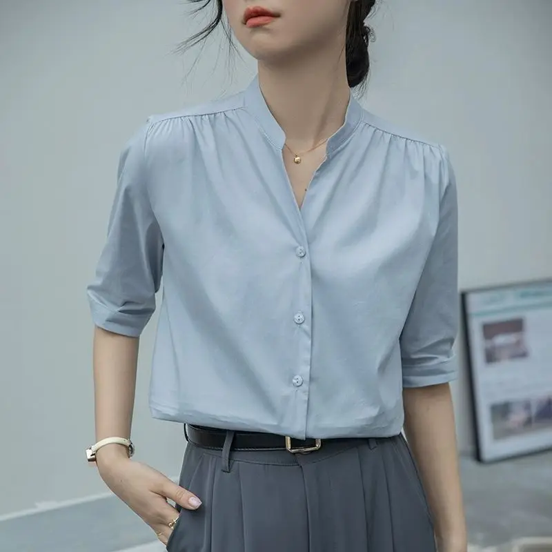 V-Neck Minimalist Solid Color Summer New 2024 Short Sleeve Top Office Lady Temperament Elegant Button All-match Female Shirt