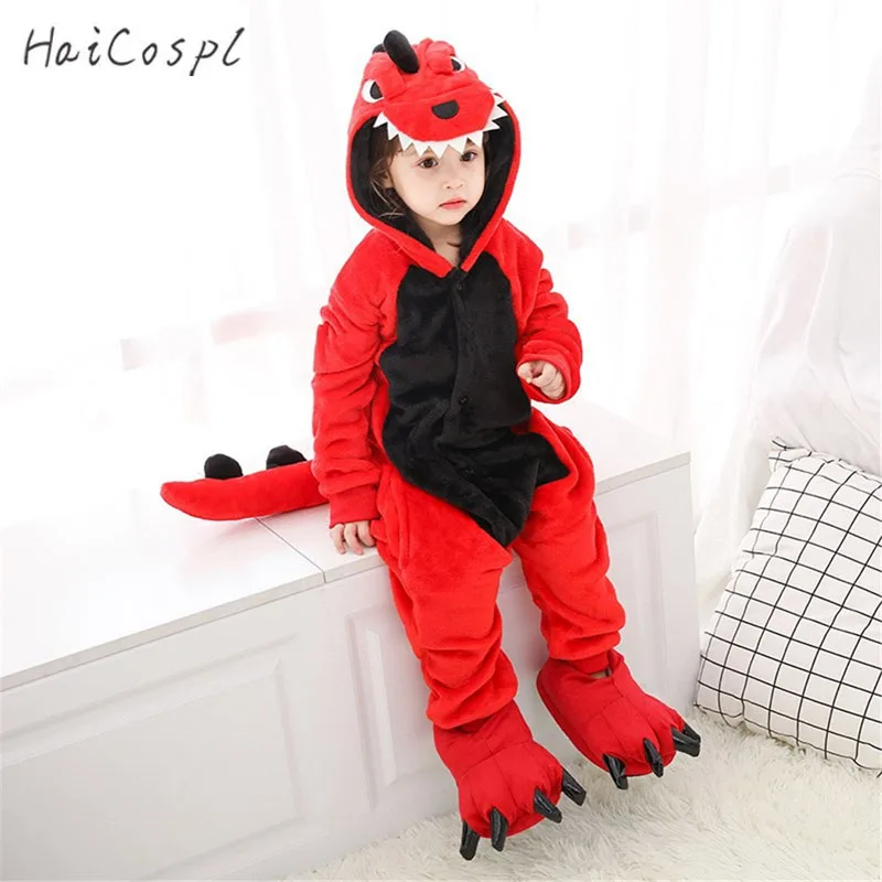 Red Dinosaur Kigurumi Onesie Pajamas Set Animal Cosplay Costume Pink Cute Winter Warm Soft Flannel Jumpsuit Children Party Wear