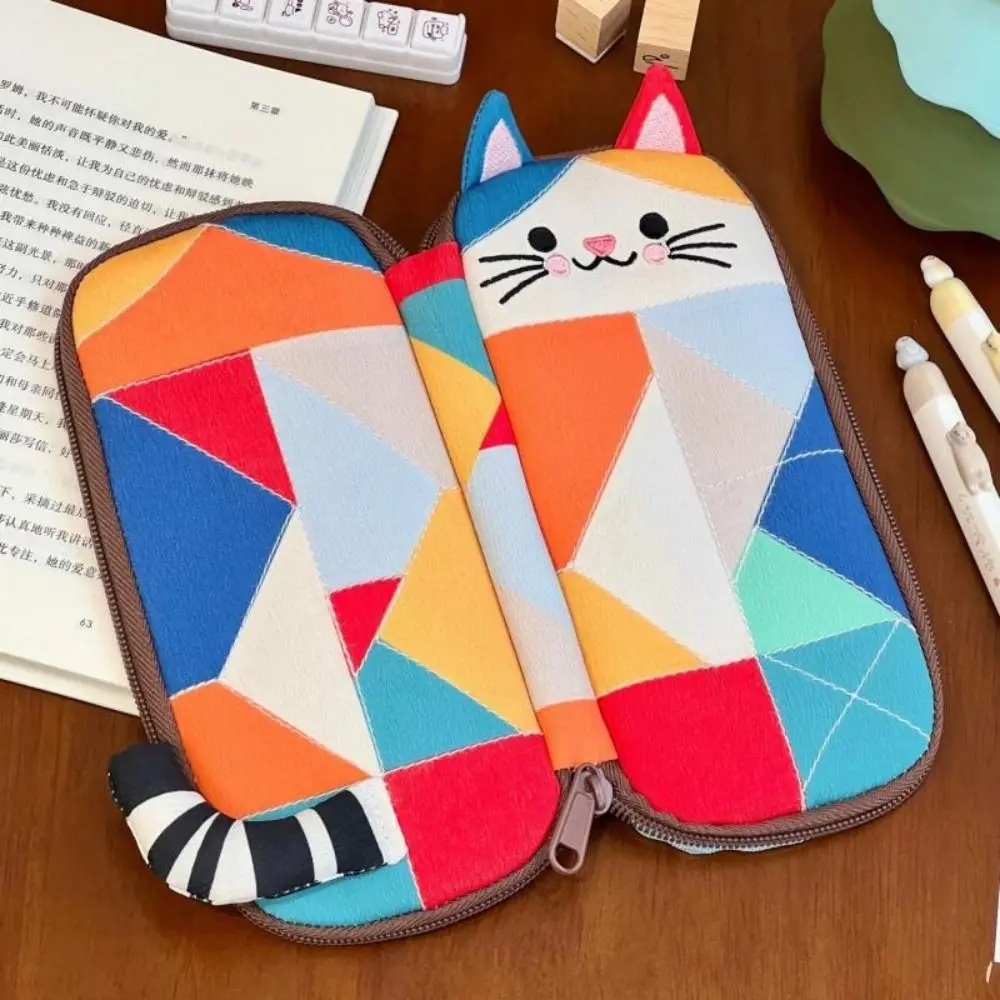 Cloth Cat Pencil Case Japanese Style Color Block Cartoon Pen Bag Multifunctional Patchwork Stationery Storage Bag Office