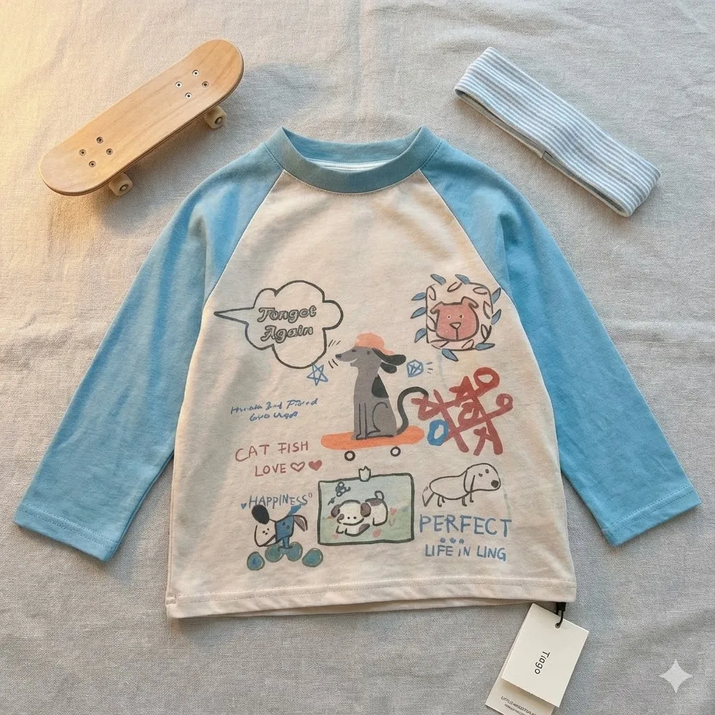 seasonsea-light-beige-light-blue-cartoon-dog-print-kids-long-sleeve-raglan-t-shirt-crew-neck-soft-fabric-boys-girls-casual-daily
